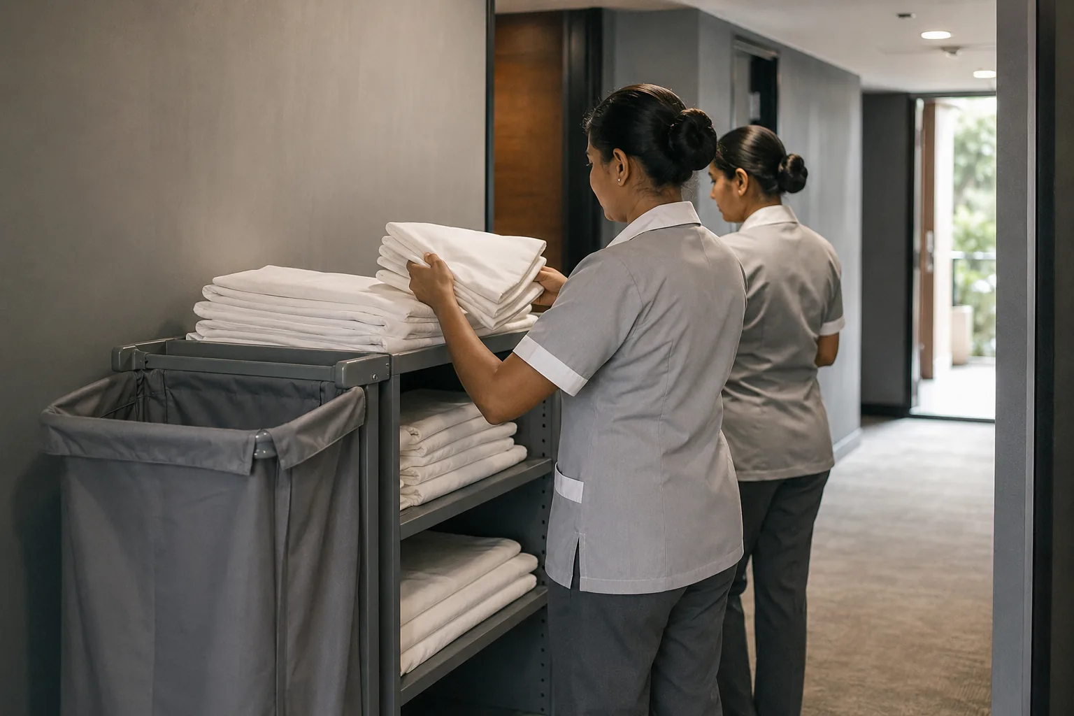 Housekeeping staff loading fresh linen onto a service trolley in a hotel service corridor.