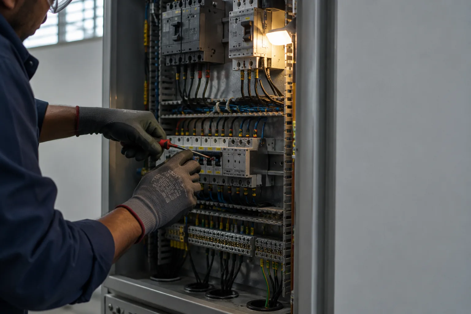 An electrician terminating cables inside an industrial distribution panel.