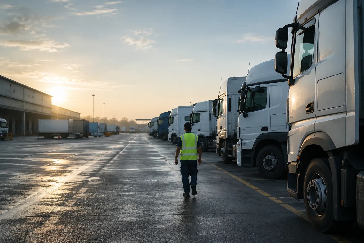 A driver walking toward a heavy goods vehicle in a logistics depot at dawn.