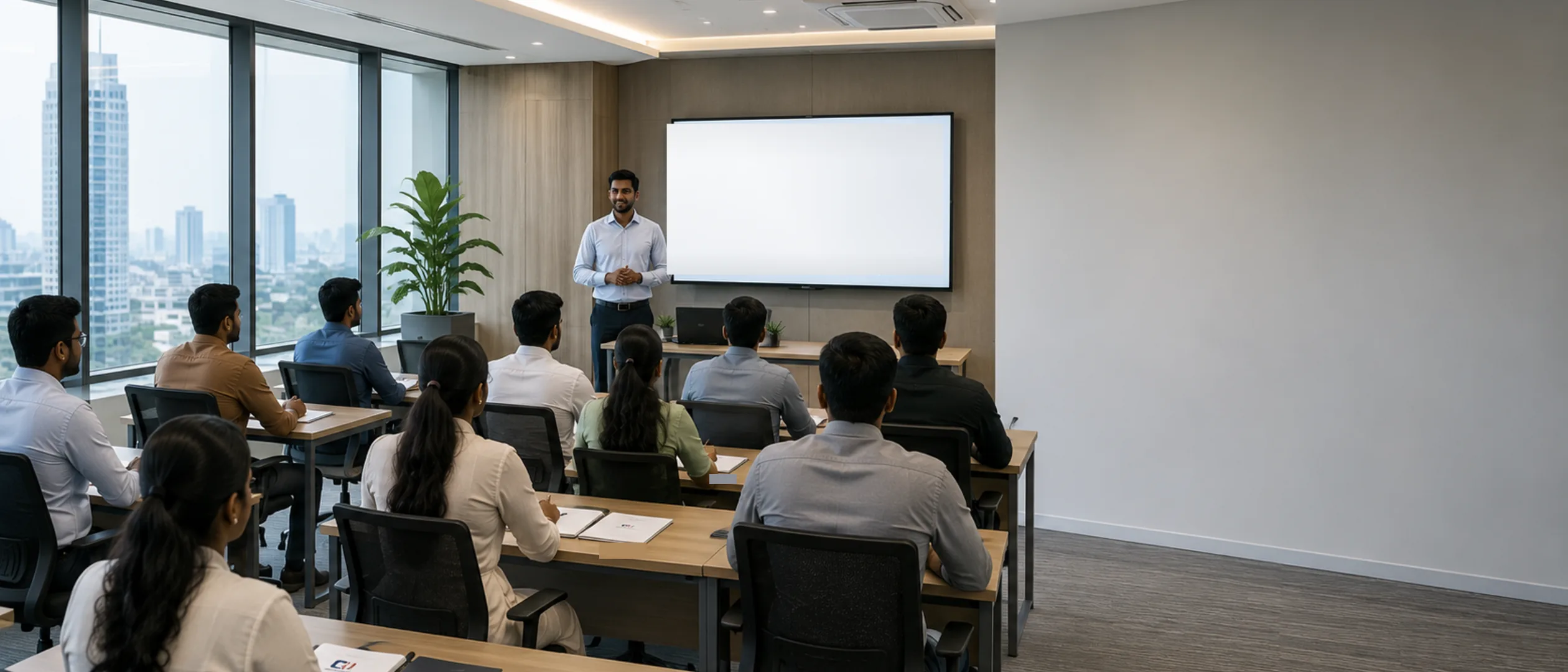 Candidates attending a pre-departure orientation session in a training room in Sri Lanka.