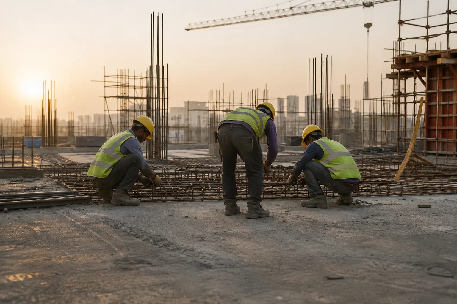 Construction workers preparing steel reinforcement at a building site in daylight.