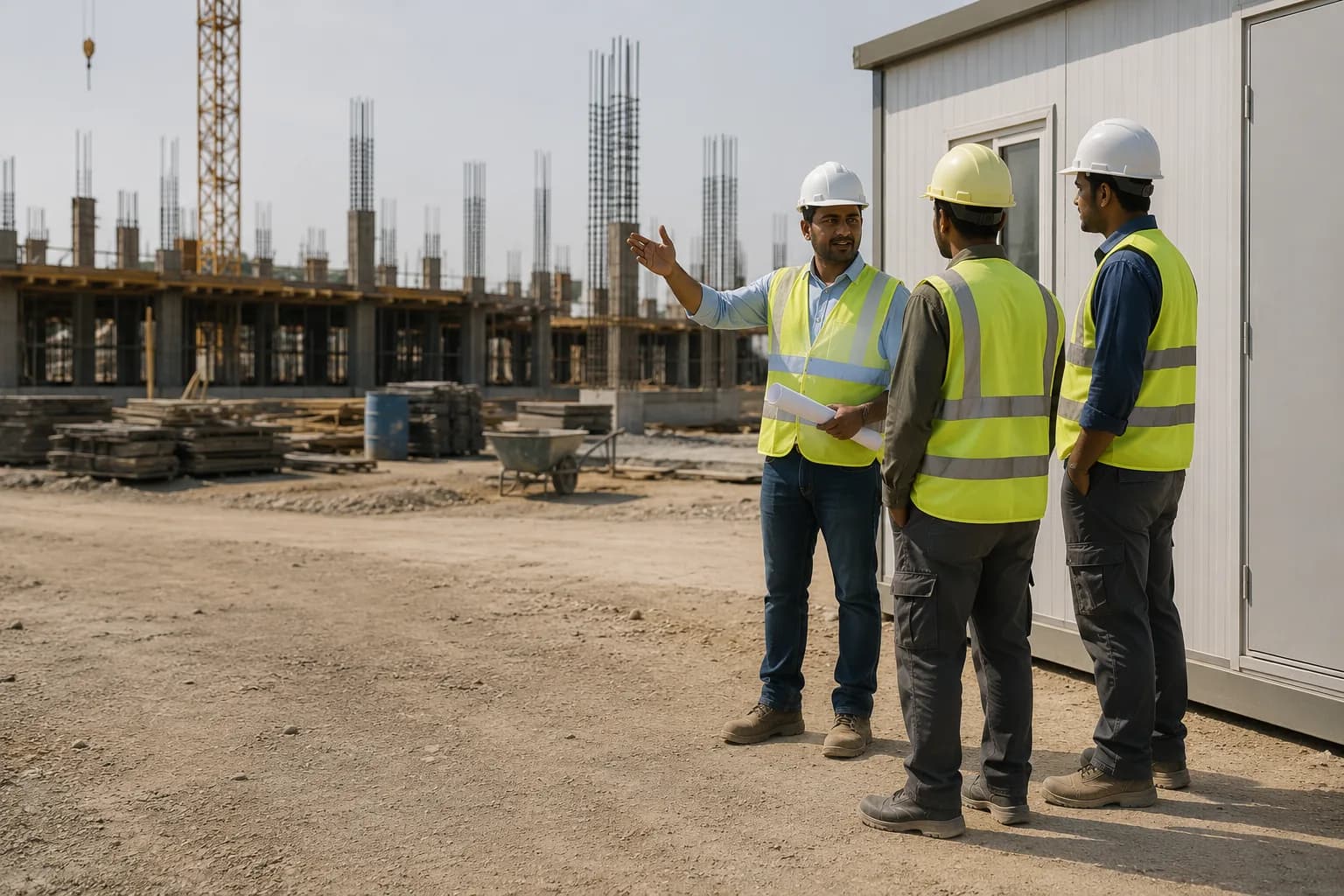 A site supervisor briefing two workers beside a temporary site office.