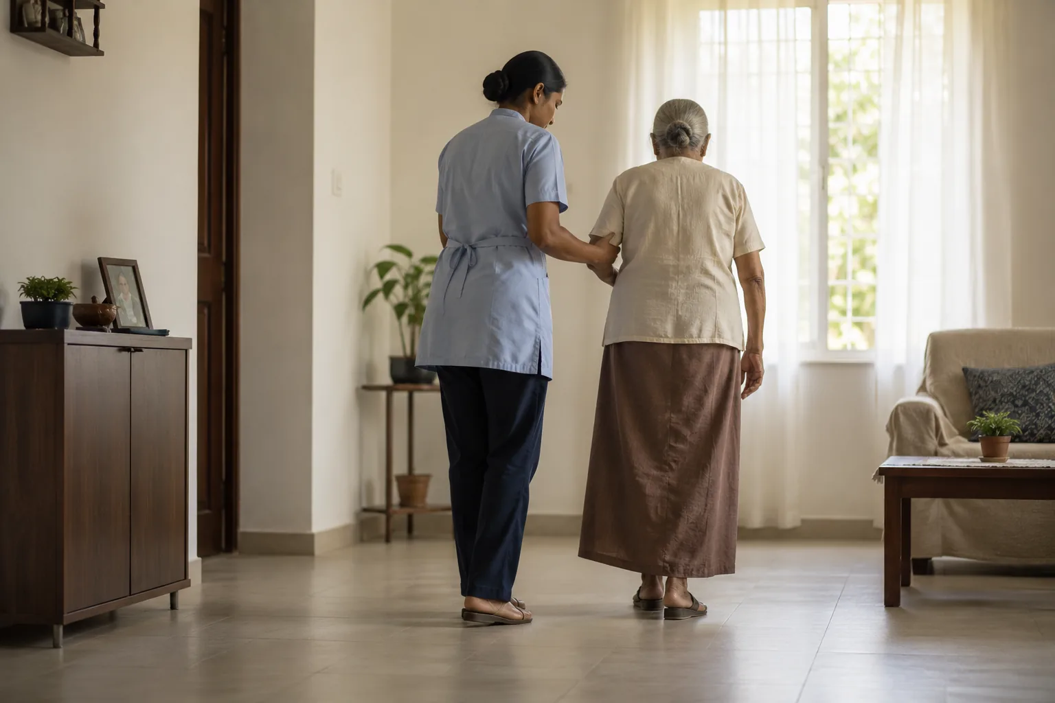 A caregiver assisting an older woman in a bright home setting.