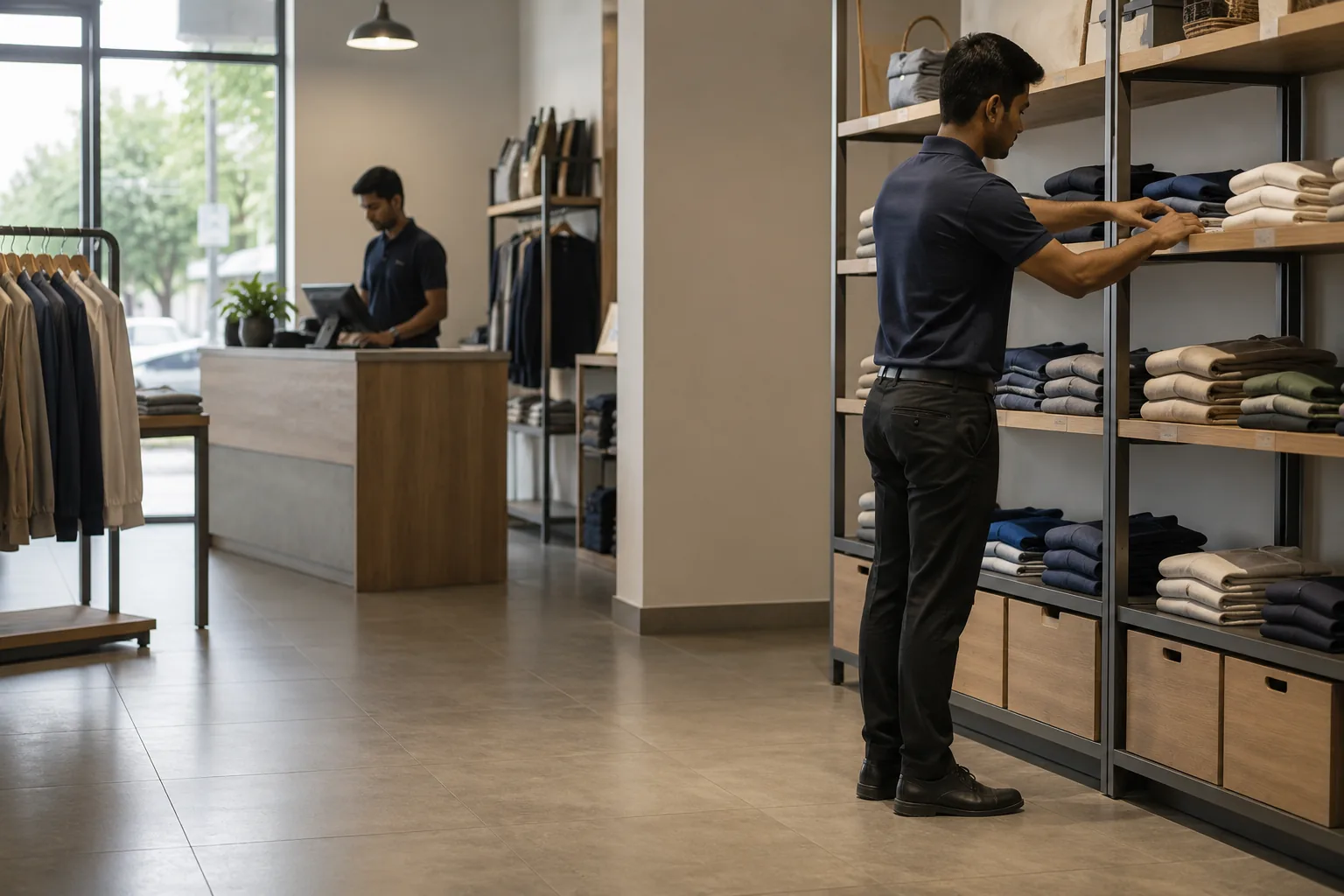 Retail staff working in a bright clothing showroom.